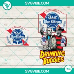 Jason Voorhees and Freddy Krueger drink Pabst Blue Ribbon in horror sublimation design, perfect for Halloween parties.