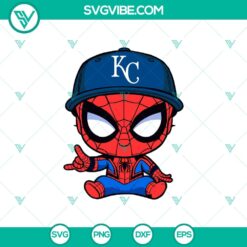 Baby Spiderman Kansas City Royals Baseball SVG design for Cricut, featuring Spiderman in Royals MLB attire. Great for baseball fans and crafts.