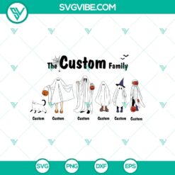 Halloween themed SVG of Ghost Family with Pets, customizable for Cricut, featuring spooky name lettering. Great for Halloween crafts.
