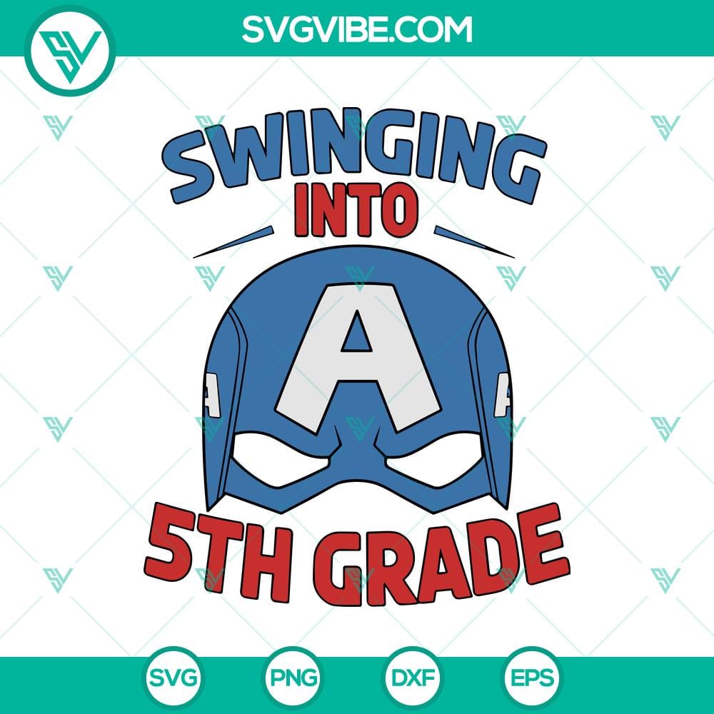 captain-america-swinging-into-5th-grade-svg.jpg Captain America themed back to school SVG featuring superhero swinging into 5th grade, perfect for first day of school.