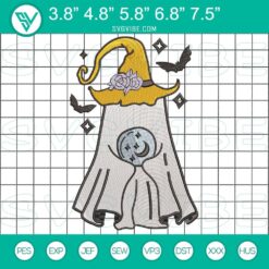 Halloween witch ghost holding moon embroidery design, magical Halloween stitch file for crafts and decorations.