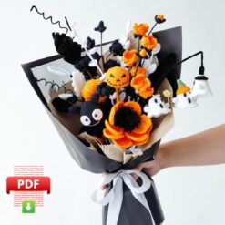 Halloween floral bouquet tutorial PDF pattern & video guide for spooky flower arrangement, perfect for DIY Halloween decor.