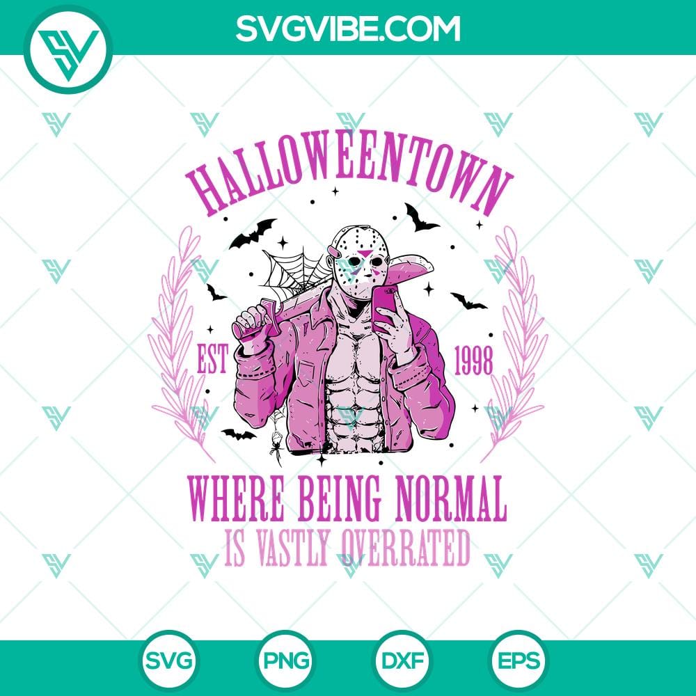 jason-halloween-town.jpg Pink Jason Voorhees Halloween Town SVG with "Being Normal It's Overrated" text, Horror SVG PNG for Cricut, ideal Halloween design.