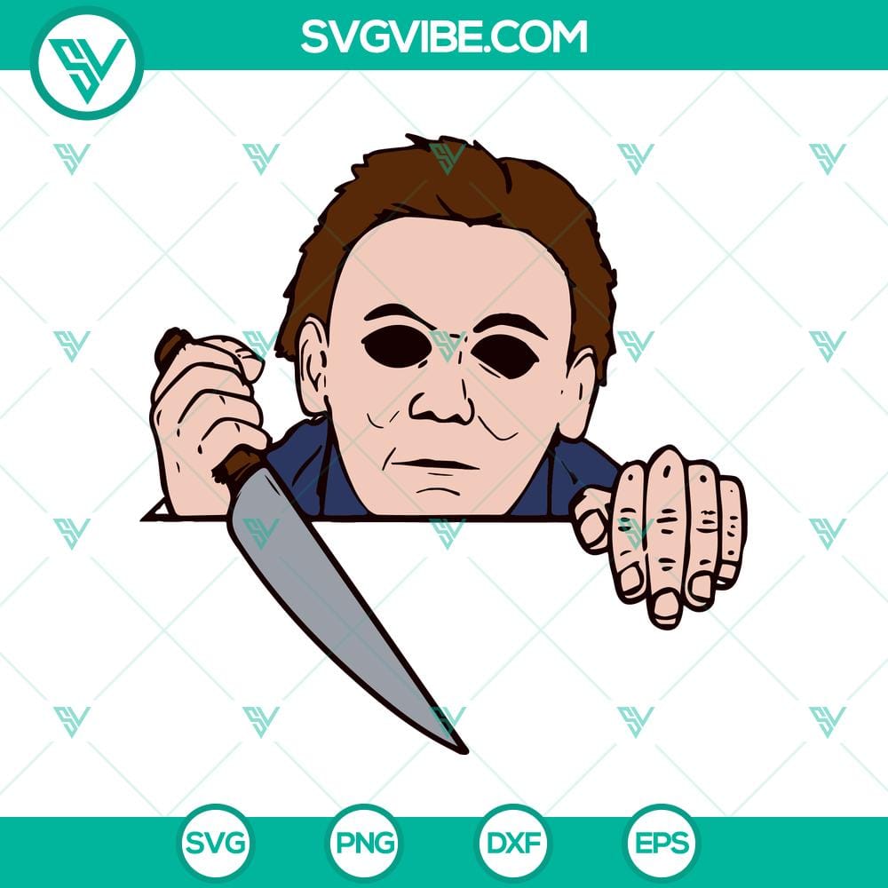 michael-myers-horror-peeking-out-svg.jpg Michael Myers horror peeking out SVG design for Cricut, featuring Michael Myers' face in a peekaboo style, perfect for Halloween crafting.