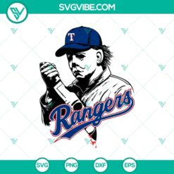 Michael Myers Horror Texas Rangers MLB SVG with baseball theme, perfect for Halloween fans and Texas Rangers supporters.