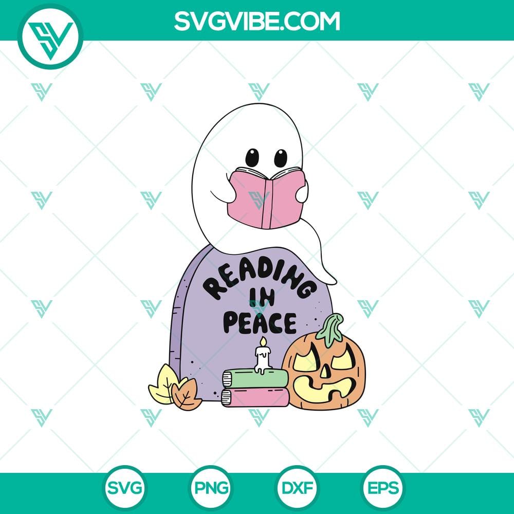 reading-in-peace.jpg Cute ghost reading in peace Halloween book lover design SVG for Cricut, featuring "Reading In Peace" RIP theme.