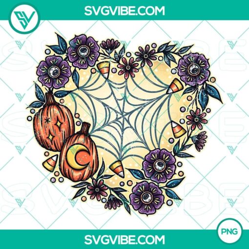 Spooky Halloween heart wreath embroidery pattern with bats, spiders, and skulls in orange and black colors.