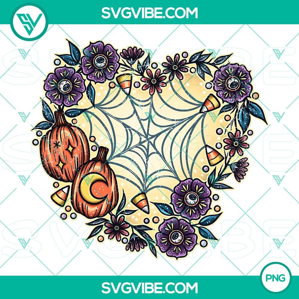 Spooky Halloween Heart Wreath Embroidery Design Spooky Halloween heart wreath embroidery pattern with bats, spiders, and skulls in orange and black colors.
