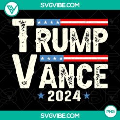 Trump Vance 2024 VP USA Election Patriotic design PNG with American flag background and bold typography.