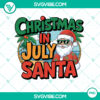 Santa in beachwear with a surfboard and "Merry Christmas" text on a tropical background - Christmas in July concept. Funny holiday PNG design.