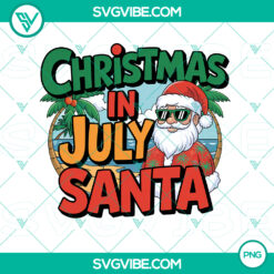 Santa in beachwear with a surfboard and "Merry Christmas" text on a tropical background - Christmas in July concept. Funny holiday PNG design.