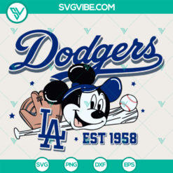 Dodgers Mickey Est. 1958 SVG featuring LA Dodgers MLB logo and Disney design, ideal for fans and sports enthusiasts.