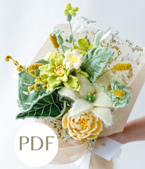 Green couture rose tilia bouquet PDF pattern for crafting and sewing enthusiasts.