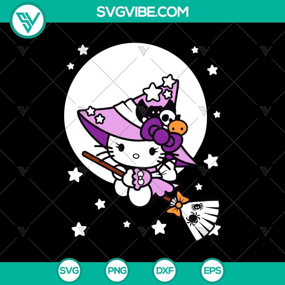 Halloween Hello Kitty SVG with witch costume and pumpkin, layered cut file for Cricut users