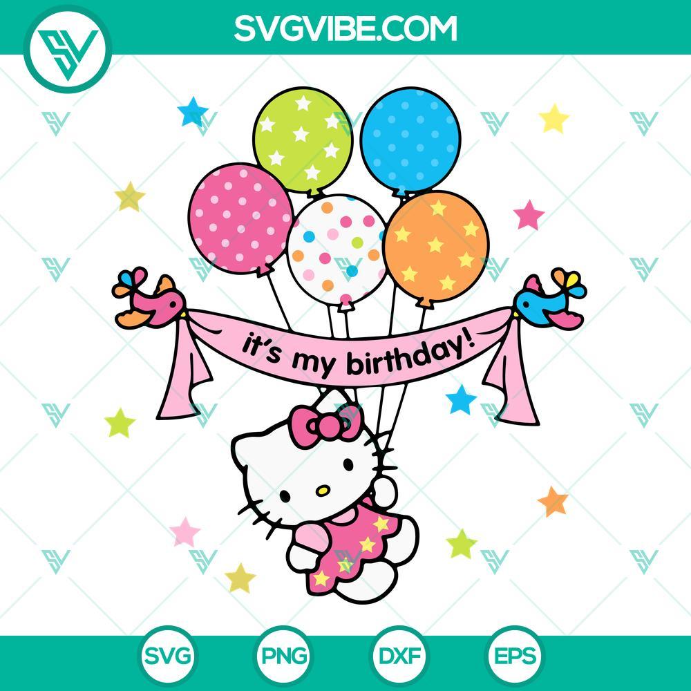 Birthday Hello Kitty SVG cut file for Cricut, featuring party hat, cupcake, and gift elements