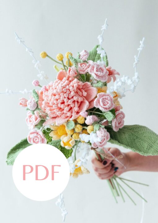 Pink Protea Cynaroides wedding bouquet PDF pattern for DIY floral arrangements.