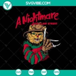 Vintage horror movie-themed SVG design featuring "A Nightmare On Claw Street", Freddy Krueger, and Halloween elements.
