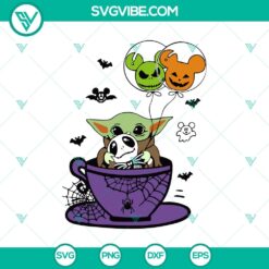 Baby Yoda Halloween Mug, Baby Yoda Hug Jack Skellington, Mickey Halloween Balloon SVG designs for festive crafting.