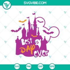 Disney Halloween SVG with "Best Dad Ever" text over the iconic Disney Castle, also featuring Mickey and Minnie Mouse silhouettes. Perfect for Father's Day projects.