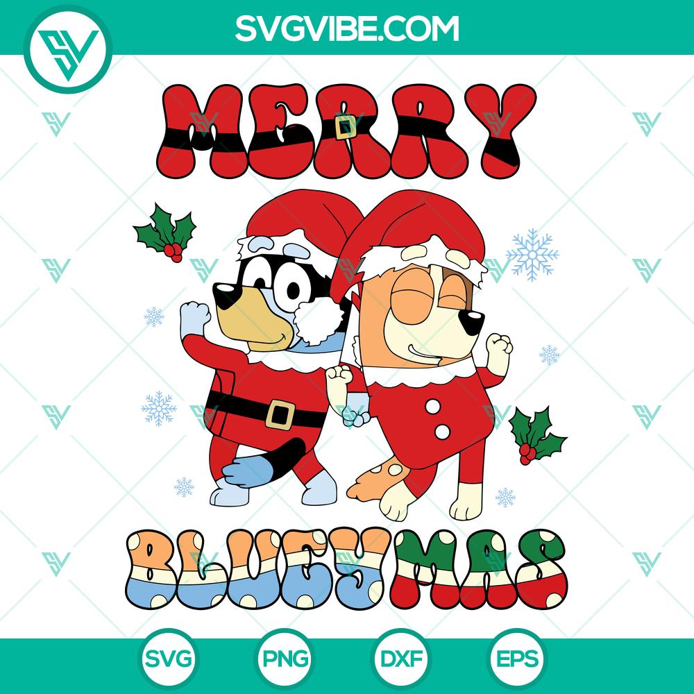 Bluey Bingo Merry Blueymas SVG | Christmas Cartoons Cut Files Bluey Bingo Merry Blueymas SVG with Christmas-themed cut files for fans of the popular kids' show.