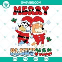 Bluey Bingo Merry Blueymas SVG DXF EPS PNG Files for holiday crafting, featuring cute Bluey characters and festive elements.