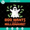 Spooky Halloween SVG of a ghost named Boo aspiring to be a millionaire, ideal for scary seasonal crafts.