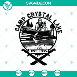 Camp Crystal Lake Est 1935 SVG design with Jason Voorhees for Halloween crafts and projects, horror movie inspired digital cut file.