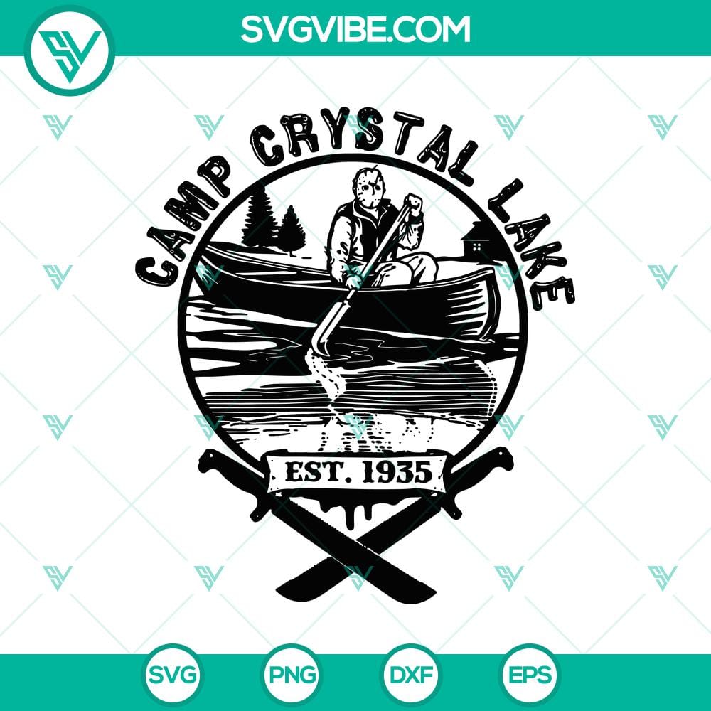 camp-crystal-lake-est-1935-svg-jason-voorhees-svg-halloween-svg.jpg Camp Crystal Lake Est 1935 SVG design with Jason Voorhees for Halloween crafts and projects, horror movie inspired digital cut file.