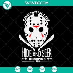 Camp Crystal Lake Hide And Seek Champion 1980 SVG featuring Jason Voorhees and other horror characters, perfect for horror fans and Halloween projects.