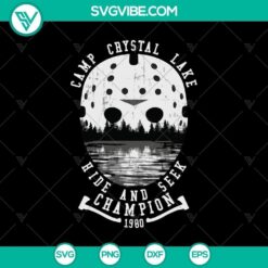 Camp Crystal Lake Hide and Seek Champion SVG design with horror and Halloween theme; perfect for spooky projects.