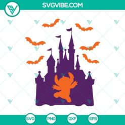 Castle Disney Halloween Stitch, Mickey, and Minnie SVG design perfect for Halloween crafts with Disney characters.