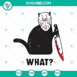 Halloween themed SVG illustration featuring a spooky cat dressed as Jason Voorhees. Ideal for horror fans.