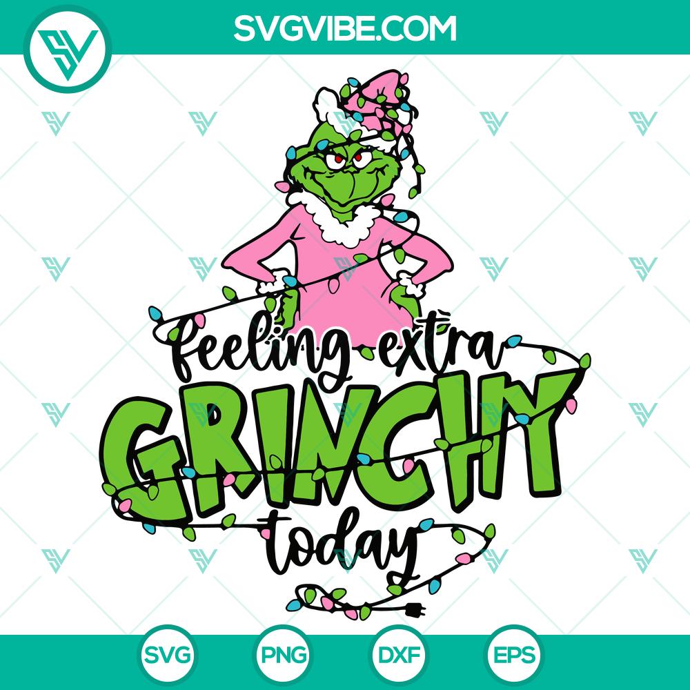 christmas-feeling-extra-grinchy-today-svg.jpg Christmas Feeling Extra Grinchy Today SVG design with Grinch face, Santa hat, and witty quote for holiday crafts.