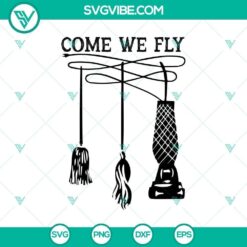 Spooky Halloween SVG featuring text "Come We Fly" with creepy elements. Perfect for horror designs.