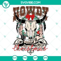 Cow skull wearing a Santa hat with "Howdy Christmas" text, in SVG, DXF, EPS, and PNG files for holiday crafting.