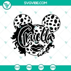 Cruella de Vil inspired Mickey Mouse head SVG with a spooky Halloween design in black and white. Ideal for Halloween crafts.