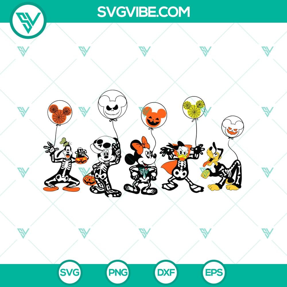 disney-characters-skeleton-take-halloween-ballon-svg-disney-halloween-svg-mickey-halloween-ballon-svg.jpg Disney characters in skeleton costumes holding Halloween balloons, Mickey Mouse themed Halloween SVG design.