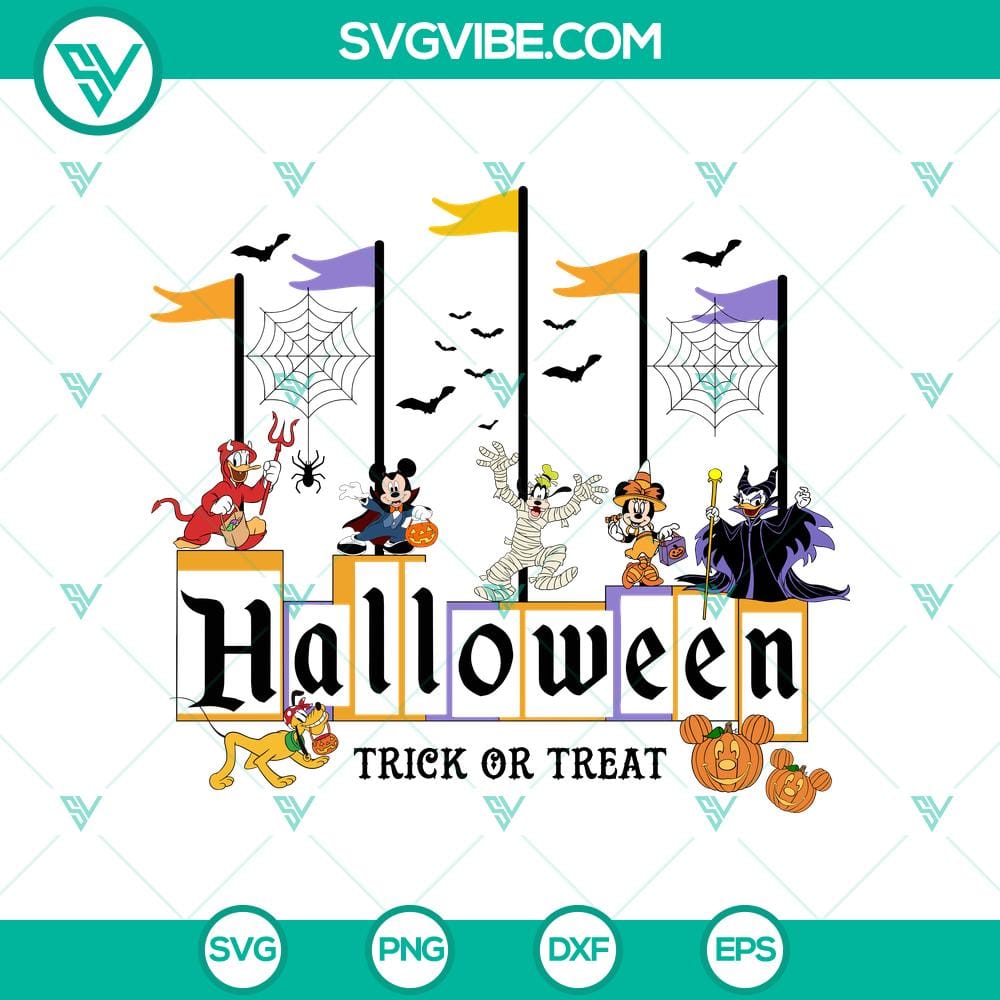 disney-hallloween-trick-or-treat-svg-disney-flag-svg-disney-halloween-characters-svg.jpg Disney Halloween SVG with popular characters like Mickey Mouse, Minnie, and Goofy for Halloween decorations and crafts.