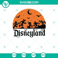 Disneyland Halloween SVG featuring Disney characters like Mickey Mouse, Minnie Mouse, and Donald Duck in spooky Halloween costumes. Ideal for spooky season crafts.