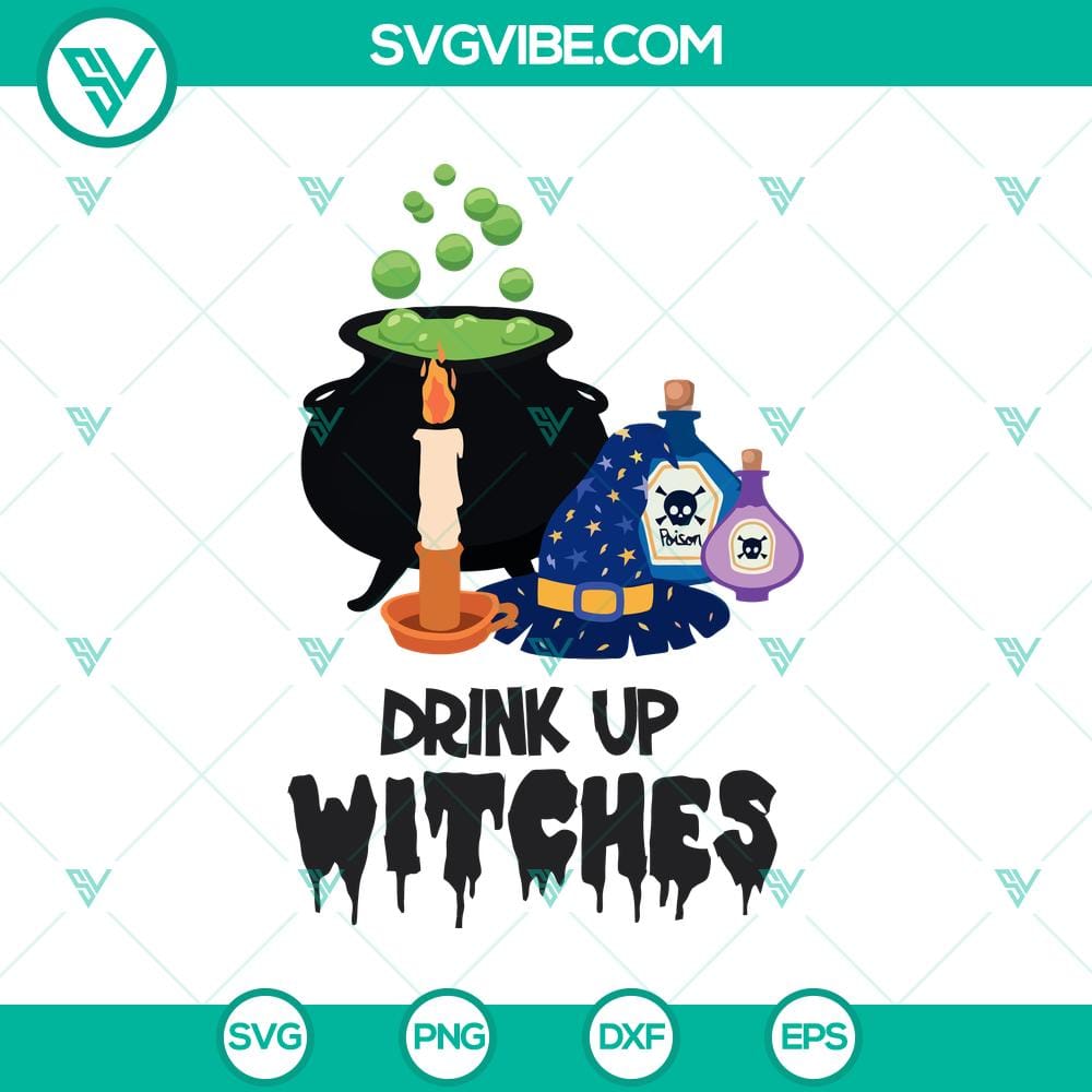 drink-up-witches-svg-poison-svg-halloween-svg.jpg Halloween SVG design featuring a "Drink Up Witches" and "Poison" typography for digital crafting projects.