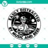 Skeleton holding a beer with text "Easily Distracted By Music And Beer" in spooky Halloween themed SVG design.