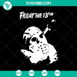 Friday The 13th SVG featuring a Jason Voorhees mask with a knife, horror-themed design for Halloween crafts and projects.