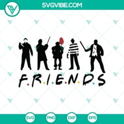 Group of cute cartoon characters in Halloween costumes, including a ghost, witch, and vampire, in a Horror Friends Halloween SVG design.