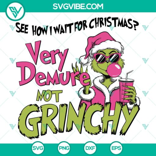 Grinch character design with demure expression in SVG, DXF, EPS, and PNG file formats for Christmas crafts.