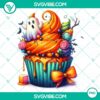 Cute Halloween cupcake characters clipart in PNG format for party decorations and invitations. High-quality design for festive themes.