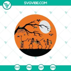 Spooky Halloween dancing skeletons silhouette with blood moon background, horror and scary design SVG.