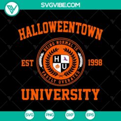Spooky Halloween Town University SVG featuring a witch and the words "Happy Halloween". Perfect for Halloween crafting projects.