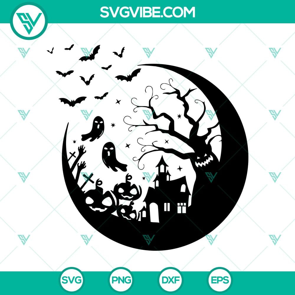 halloweentown-in-the-moon-svg-spooky-halloween-svg-halloween-house-svg.jpg Spooky Halloween town in moonlight with haunted house, perfect for Halloween SVG design.
