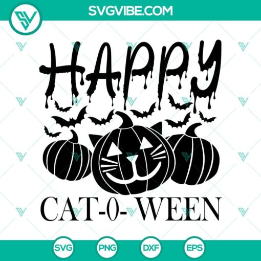 Happy Cat-0-Ween SVG with a scary Halloween theme, featuring a spooky black cat and Halloween elements. Ideal for crafts and decorations.