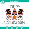 Festive Halloween design with gnomes, witches, and the text "Happy Halloween" in SVG format.